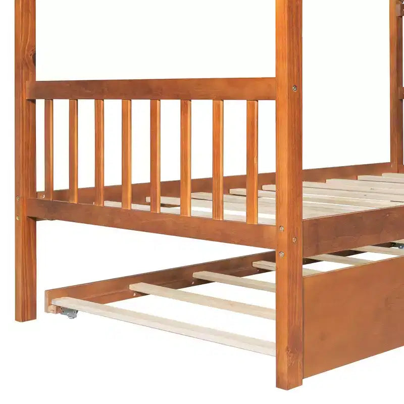 Lit jumeau de style maison, gris/naturel/noyer/blanc, avec lit gigogne – Pour 2 personnes