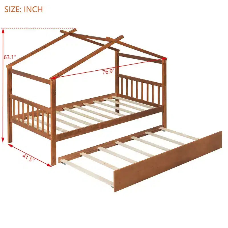 Lit jumeau de style maison, gris/naturel/noyer/blanc, avec lit gigogne – Pour 2 personnes
