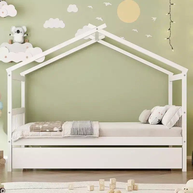 Lit jumeau de style maison, gris/naturel/noyer/blanc, avec lit gigogne – Pour 2 personnes