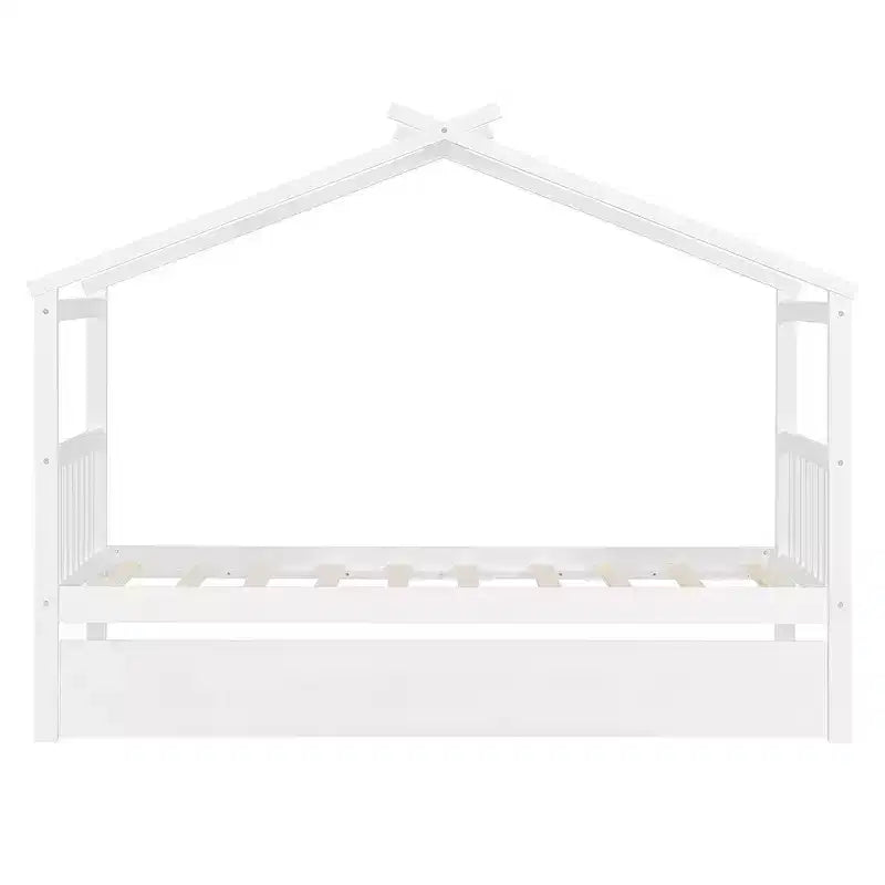 Lit jumeau de style maison, gris/naturel/noyer/blanc, avec lit gigogne – Pour 2 personnes