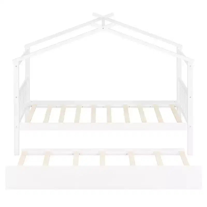 Lit jumeau de style maison, gris/naturel/noyer/blanc, avec lit gigogne – Pour 2 personnes