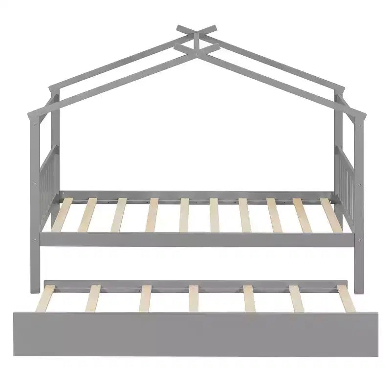 Lit jumeau de style maison, gris/naturel/noyer/blanc, avec lit gigogne – Pour 2 personnes