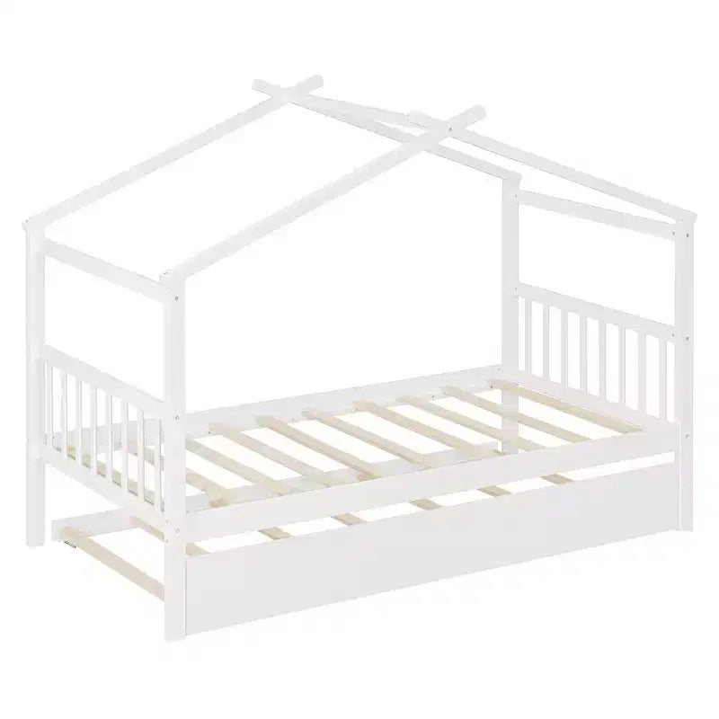Lit jumeau de style maison, gris/naturel/noyer/blanc, avec lit gigogne – Pour 2 personnes