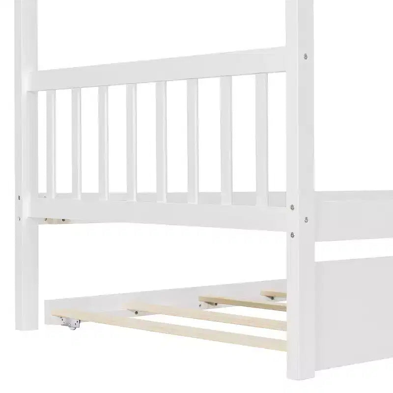 Lit jumeau de style maison, gris/naturel/noyer/blanc, avec lit gigogne – Pour 2 personnes