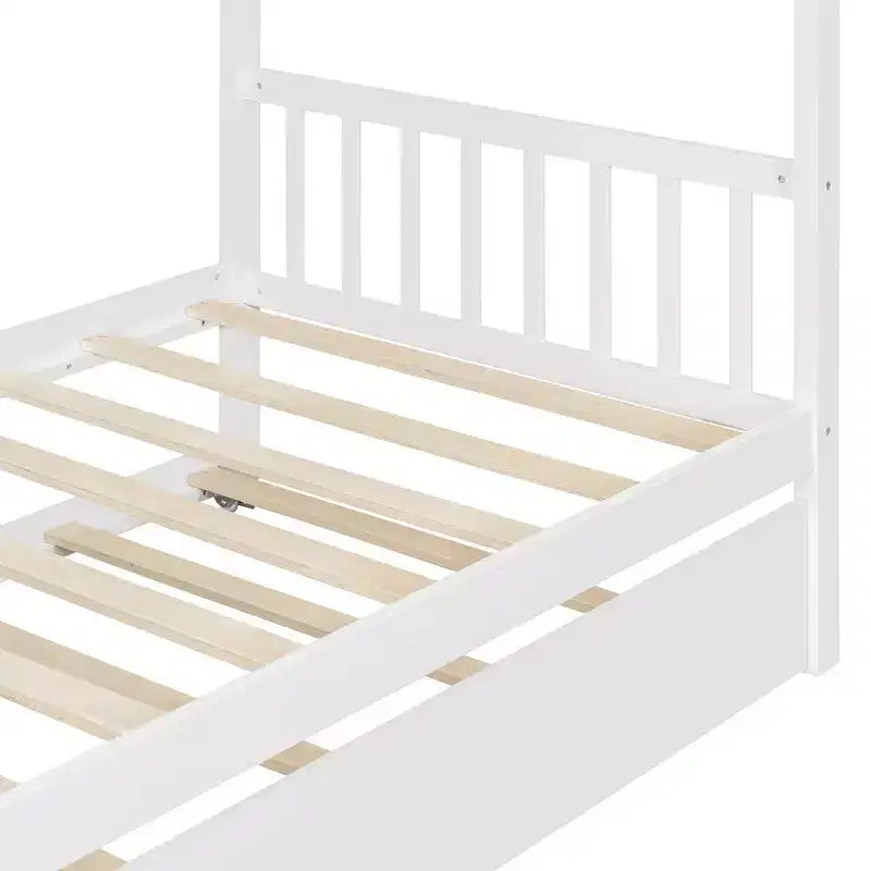Lit jumeau de style maison, gris/naturel/noyer/blanc, avec lit gigogne – Pour 2 personnes