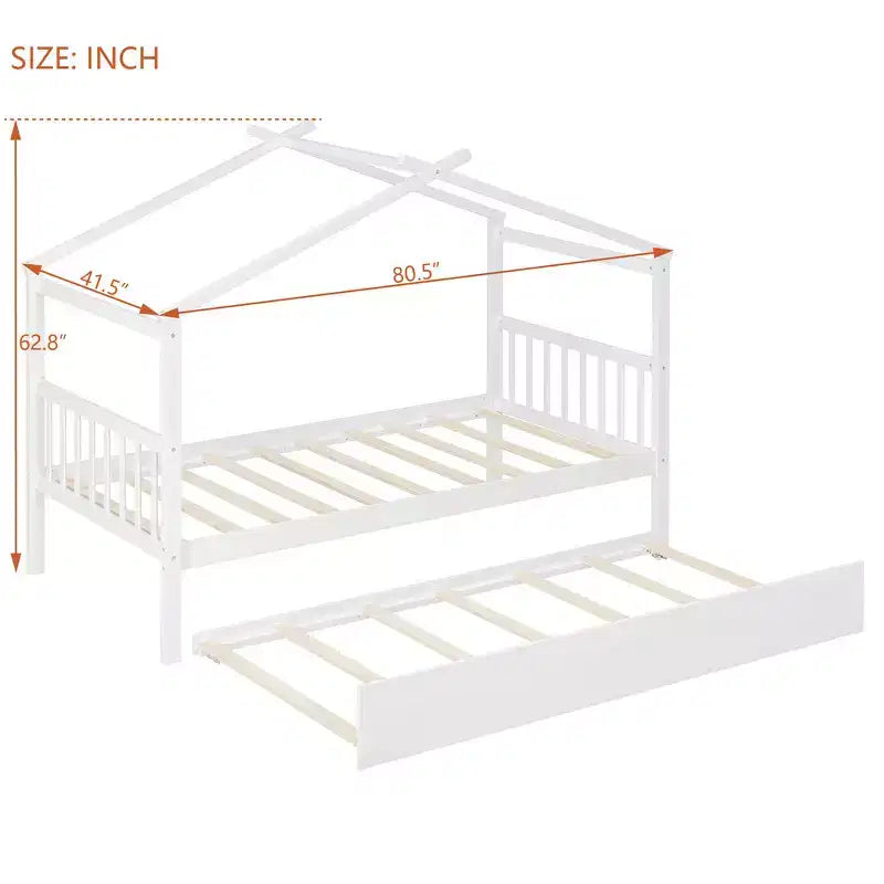 Lit jumeau de style maison, gris/naturel/noyer/blanc, avec lit gigogne – Pour 2 personnes