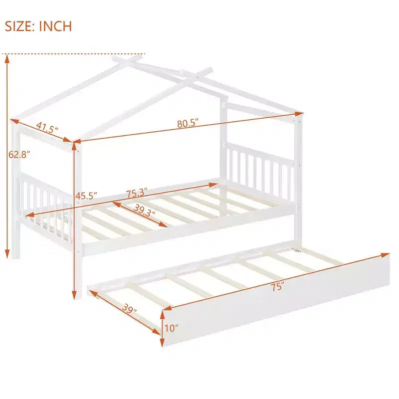 Lit jumeau de style maison, gris/naturel/noyer/blanc, avec lit gigogne – Pour 2 personnes