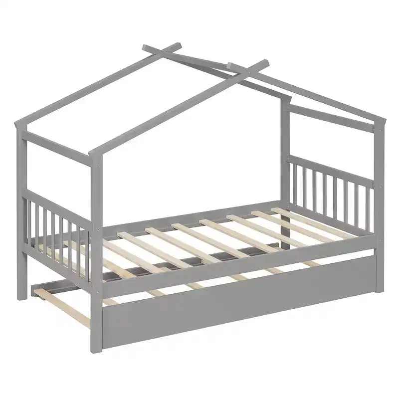 Lit jumeau de style maison, gris/naturel/noyer/blanc, avec lit gigogne – Pour 2 personnes