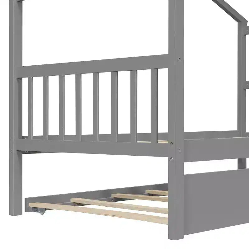 Lit jumeau de style maison, gris/naturel/noyer/blanc, avec lit gigogne – Pour 2 personnes
