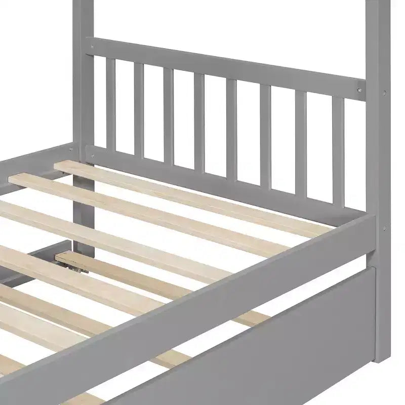 Lit jumeau de style maison, gris/naturel/noyer/blanc, avec lit gigogne – Pour 2 personnes