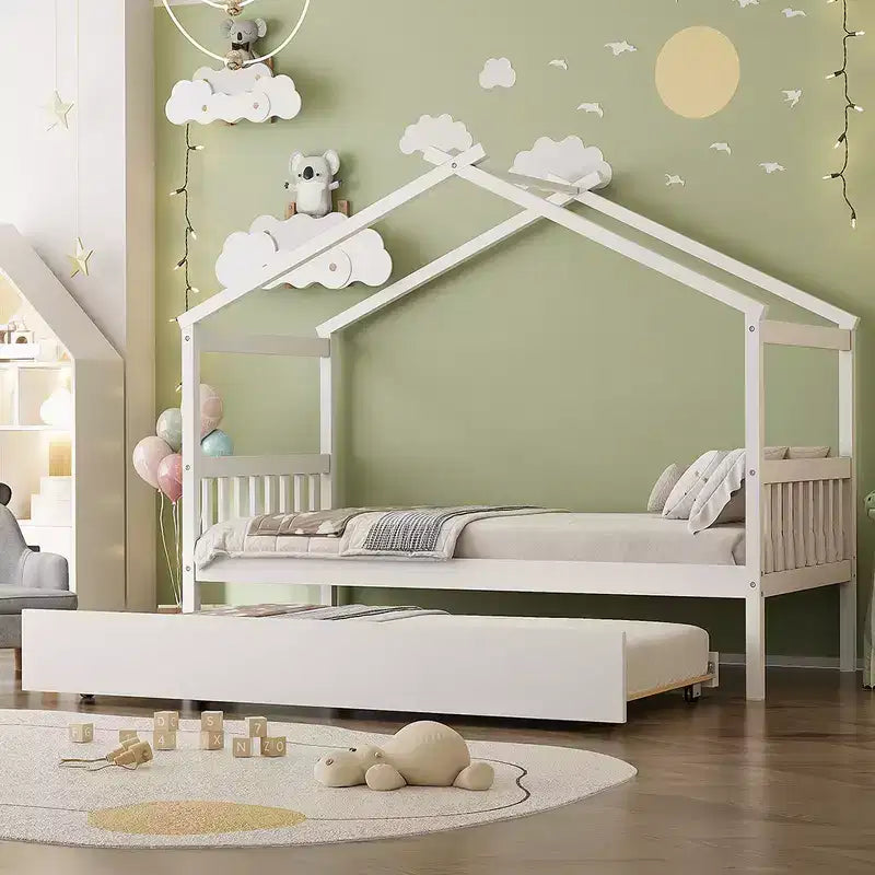Lit jumeau de style maison, gris/naturel/noyer/blanc, avec lit gigogne – Pour 2 personnes