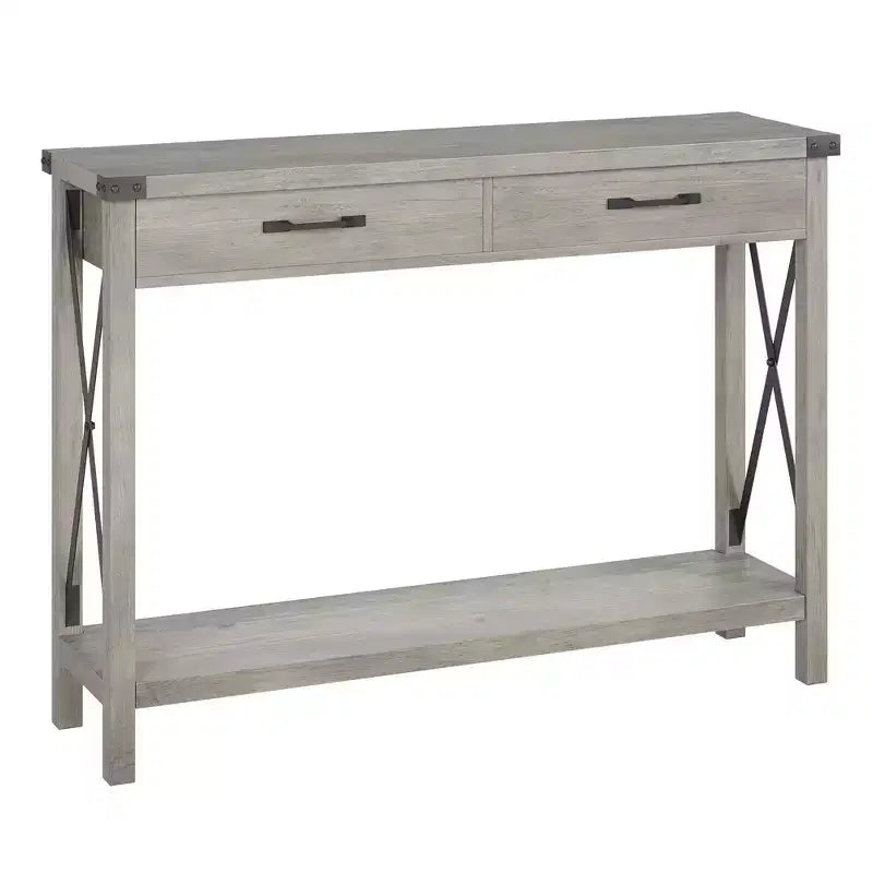 Console industrielle noire / grise / blanche et marron avec tiroir et étagère ouverte, 2 niveaux