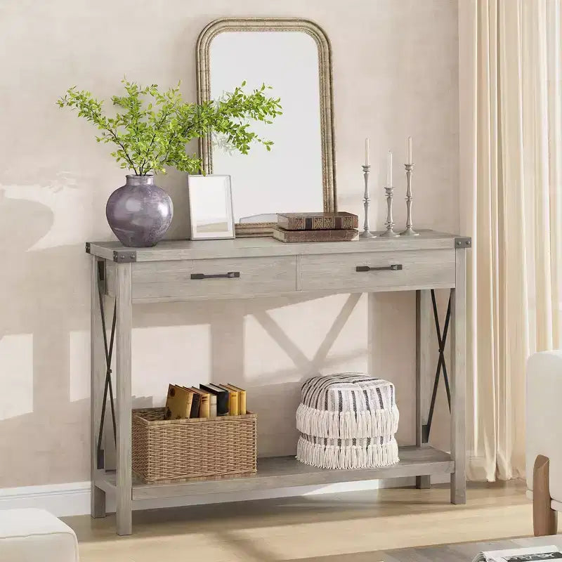 Console industrielle noire / grise / blanche et marron avec tiroir et étagère ouverte, 2 niveaux