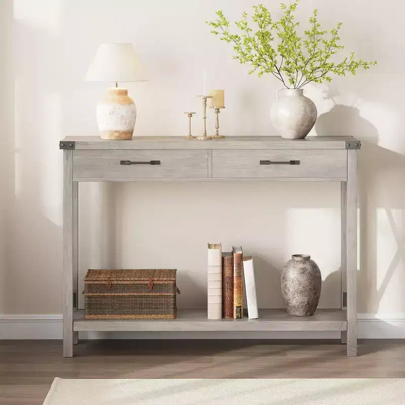 Console industrielle noire / grise / blanche et marron avec tiroir et étagère ouverte, 2 niveaux