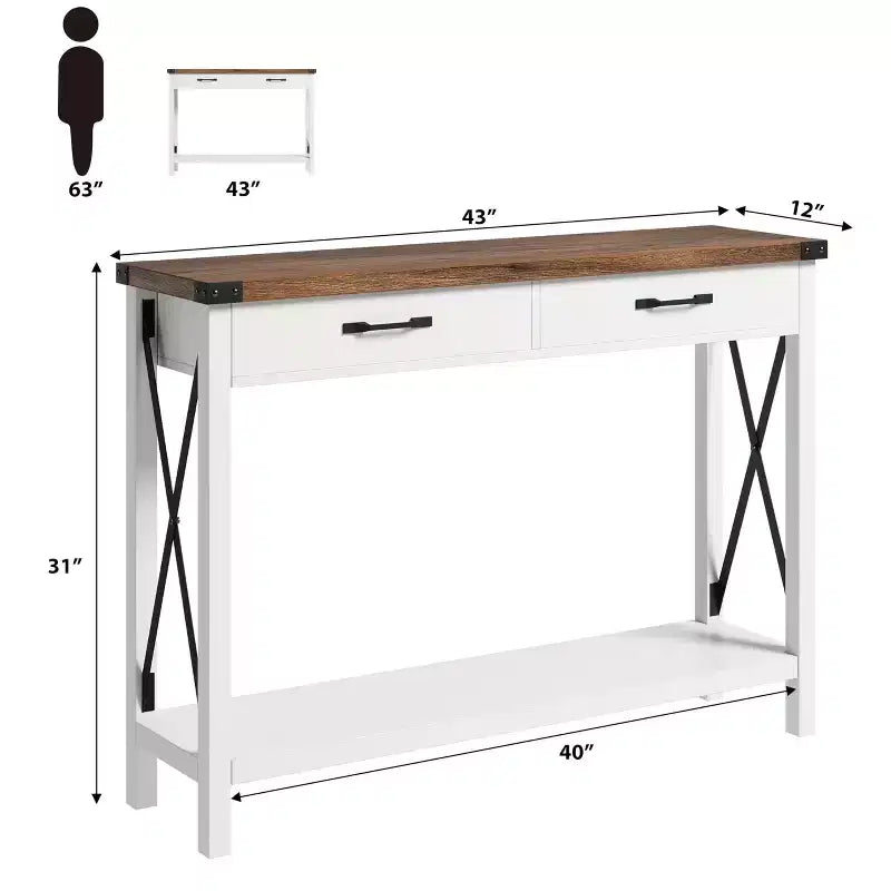 Console industrielle noire / grise / blanche et marron avec tiroir et étagère ouverte, 2 niveaux