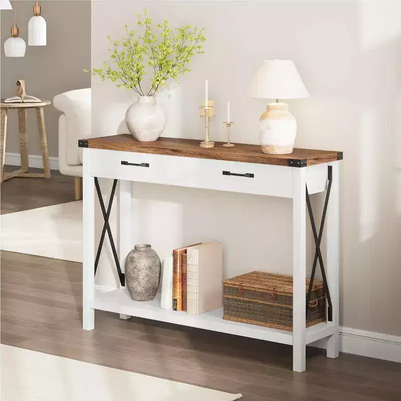 Console industrielle noire / grise / blanche et marron avec tiroir et étagère ouverte, 2 niveaux