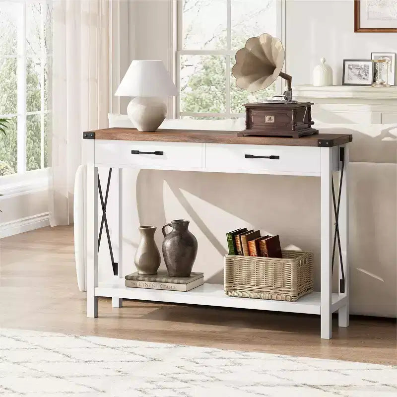 Console industrielle noire / grise / blanche et marron avec tiroir et étagère ouverte, 2 niveaux