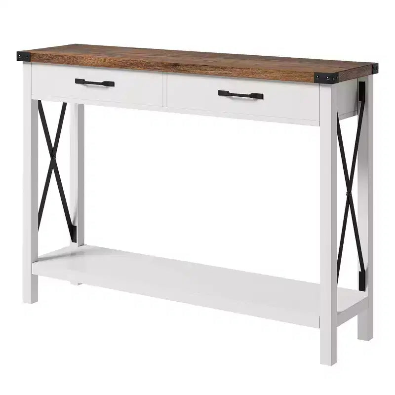 Console industrielle noire / grise / blanche et marron avec tiroir et étagère ouverte, 2 niveaux