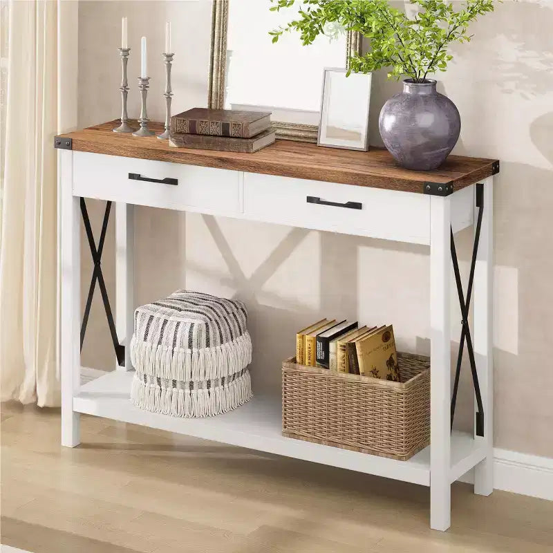 Console industrielle noire / grise / blanche et marron avec tiroir et étagère ouverte, 2 niveaux