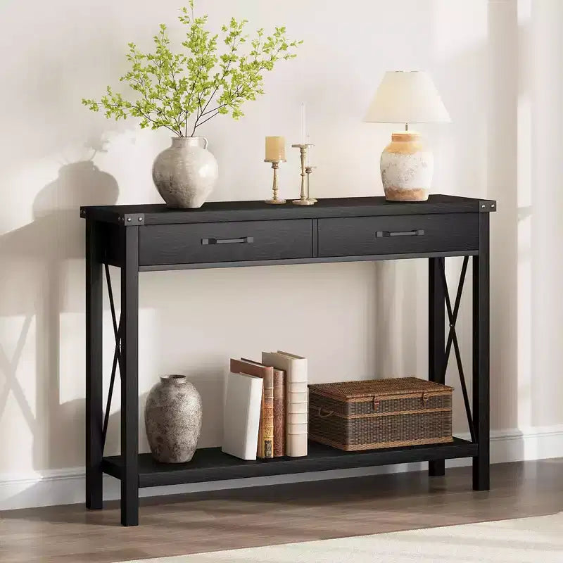 Console industrielle noire / grise / blanche et marron avec tiroir et étagère ouverte, 2 niveaux