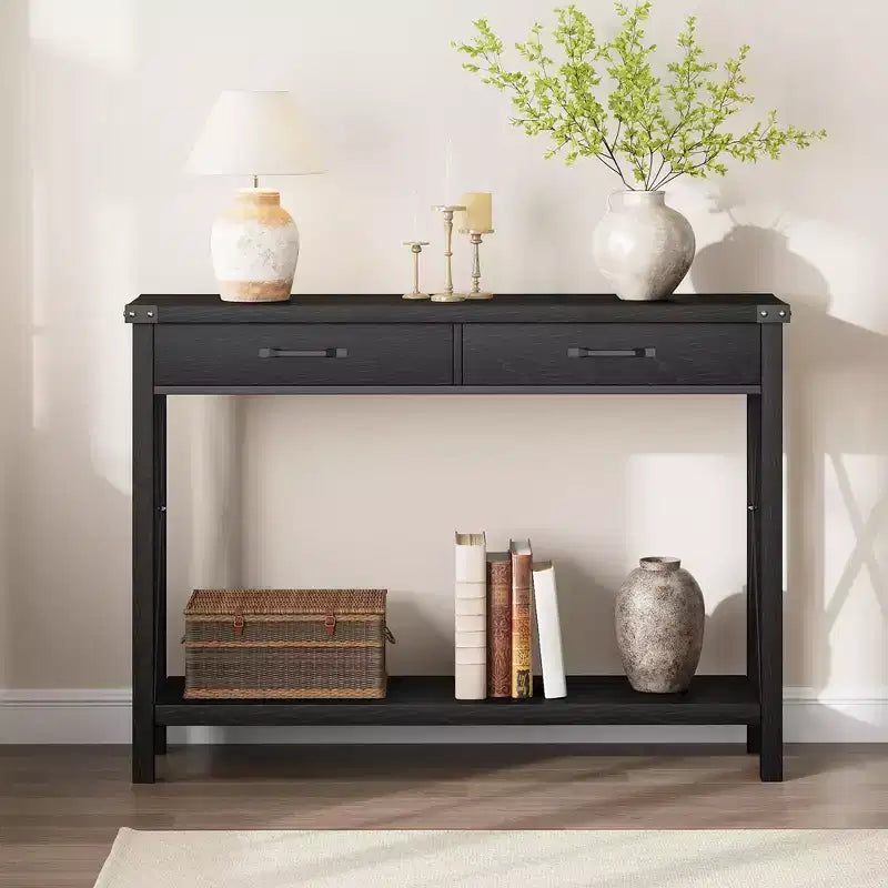 Console industrielle noire / grise / blanche et marron avec tiroir et étagère ouverte, 2 niveaux