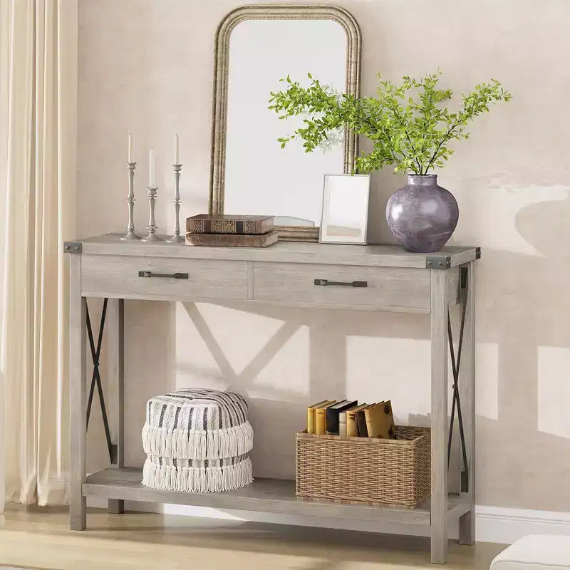 Console industrielle noire / grise / blanche et marron avec tiroir et étagère ouverte, 2 niveaux