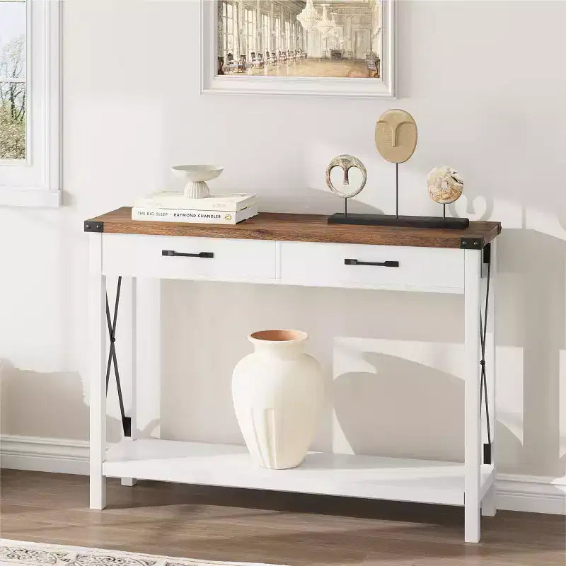 Console industrielle noire / grise / blanche et marron avec tiroir et étagère ouverte, 2 niveaux