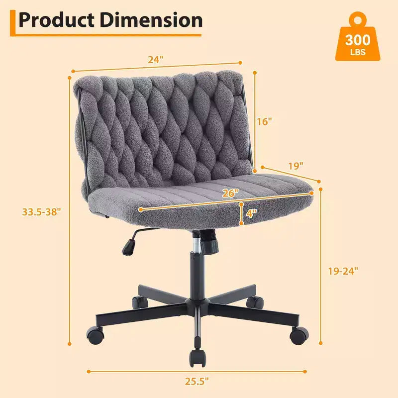 Chaise de bureau pivotante sans accoudoirs en polaire nounours et velours beige/gris/rose à croisillons, 1 personne, hauteur réglable, 136 kg