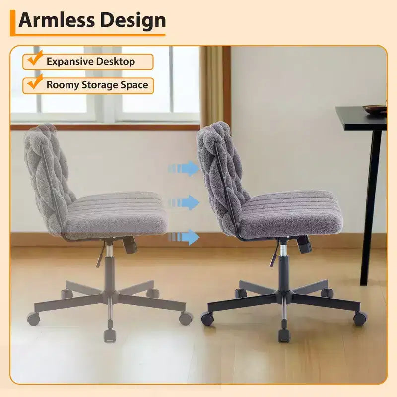 Chaise de bureau pivotante sans accoudoirs en polaire nounours et velours beige/gris/rose à croisillons, 1 personne, hauteur réglable, 136 kg