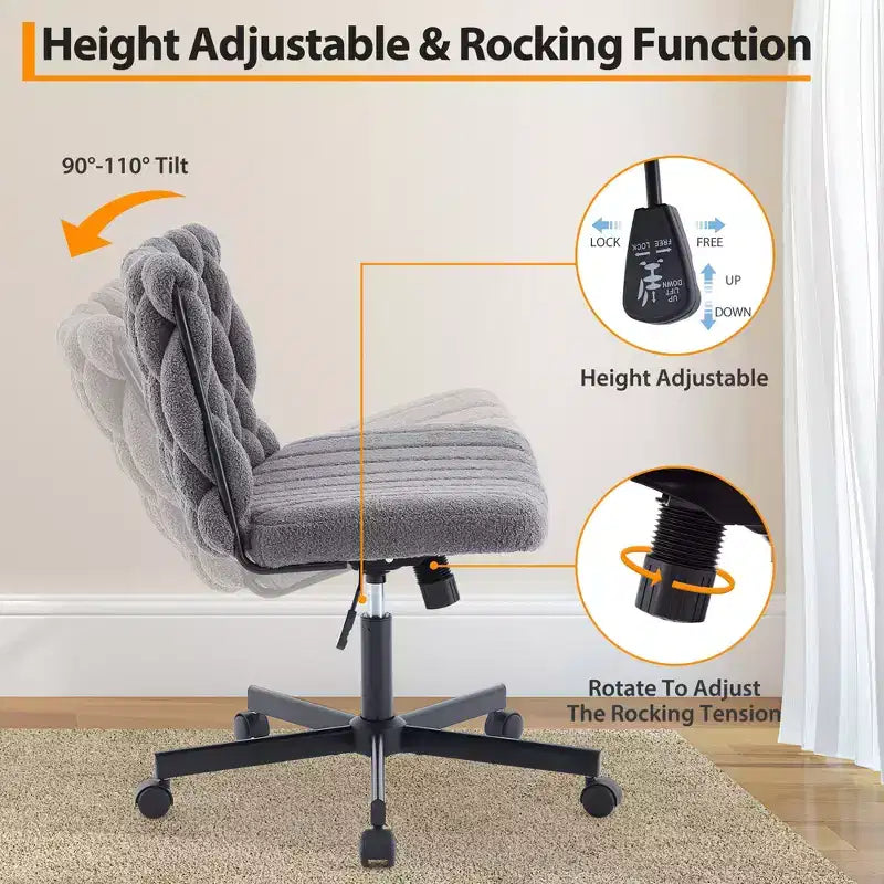 Chaise de bureau pivotante sans accoudoirs en polaire nounours et velours beige/gris/rose à croisillons, 1 personne, hauteur réglable, 136 kg