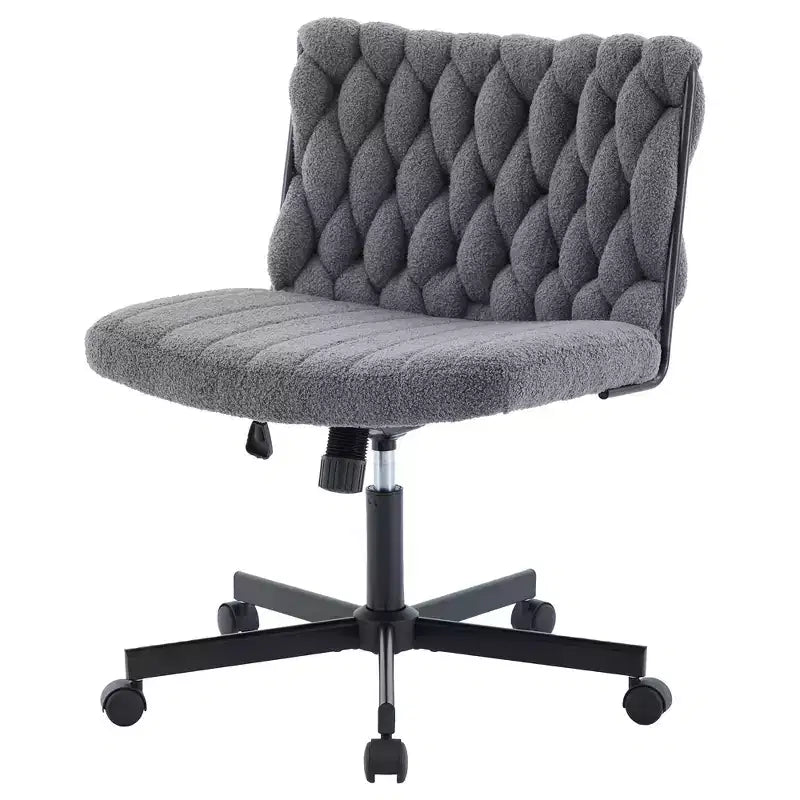 Chaise de bureau pivotante sans accoudoirs en polaire nounours et velours beige/gris/rose à croisillons, 1 personne, hauteur réglable, 136 kg