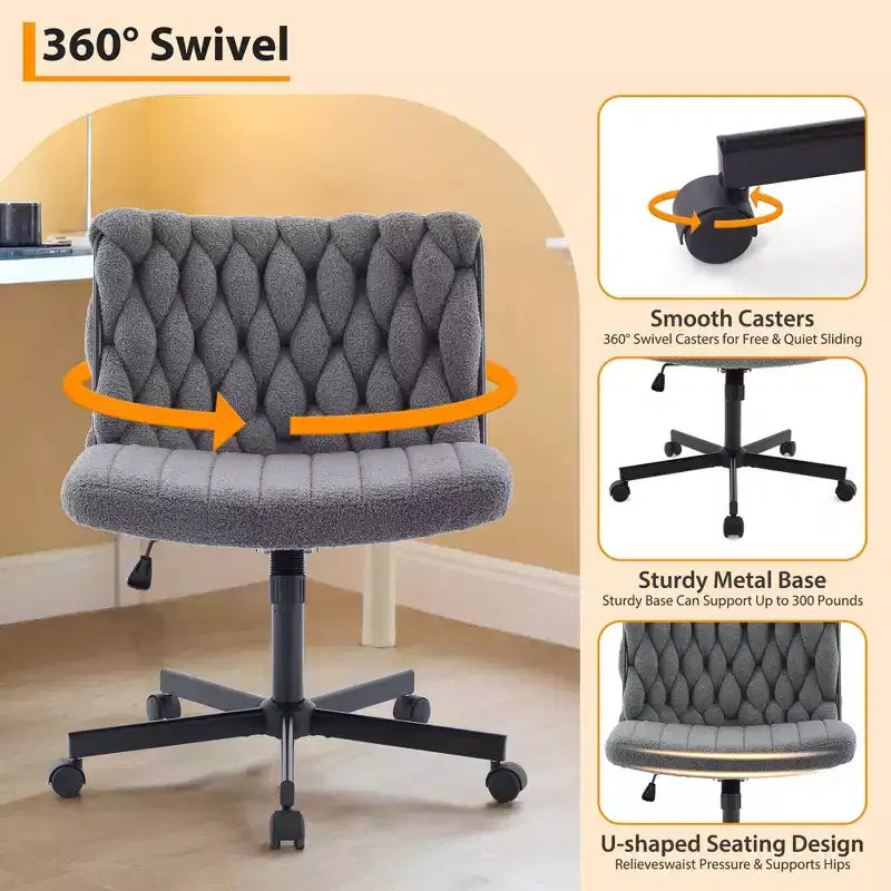 Chaise de bureau pivotante sans accoudoirs en polaire nounours et velours beige/gris/rose à croisillons, 1 personne, hauteur réglable, 136 kg