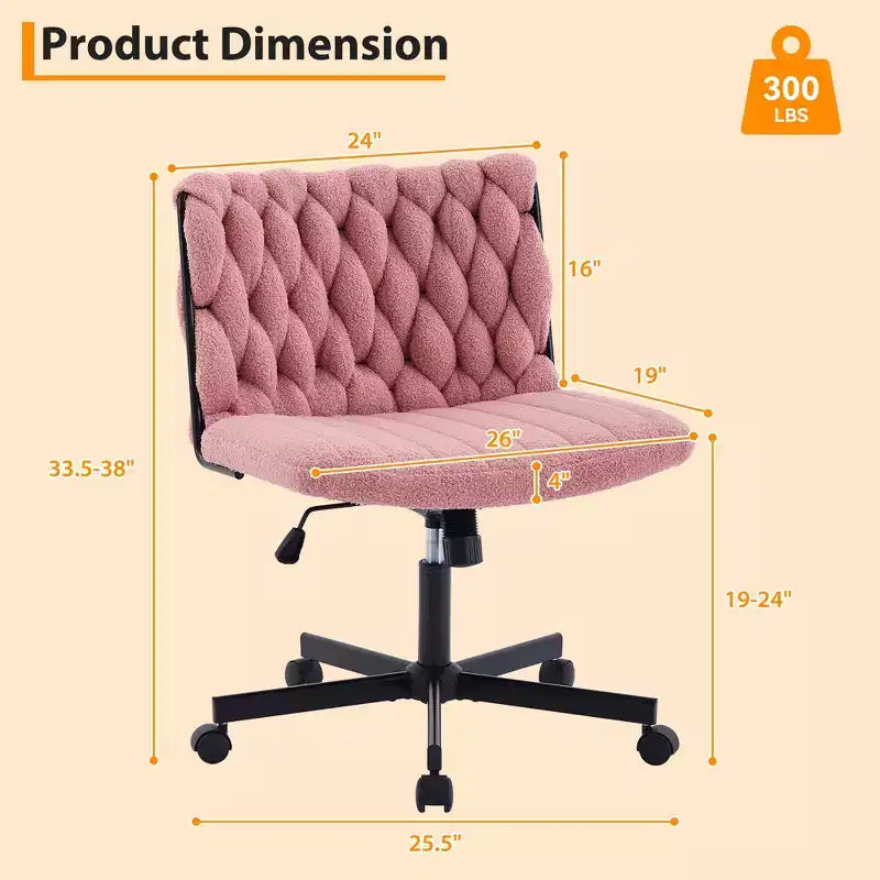 Chaise de bureau pivotante sans accoudoirs en polaire nounours et velours beige/gris/rose à croisillons, 1 personne, hauteur réglable, 136 kg