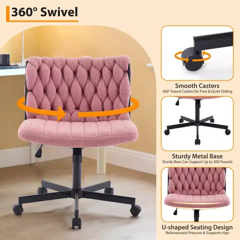 Chaise de bureau pivotante sans accoudoirs en polaire nounours et velours beige/gris/rose à croisillons, 1 personne, hauteur réglable, 136 kg