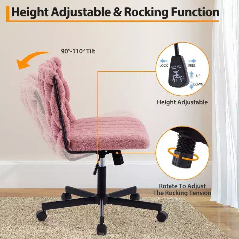 Chaise de bureau pivotante sans accoudoirs en polaire nounours et velours beige/gris/rose à croisillons, 1 personne, hauteur réglable, 136 kg