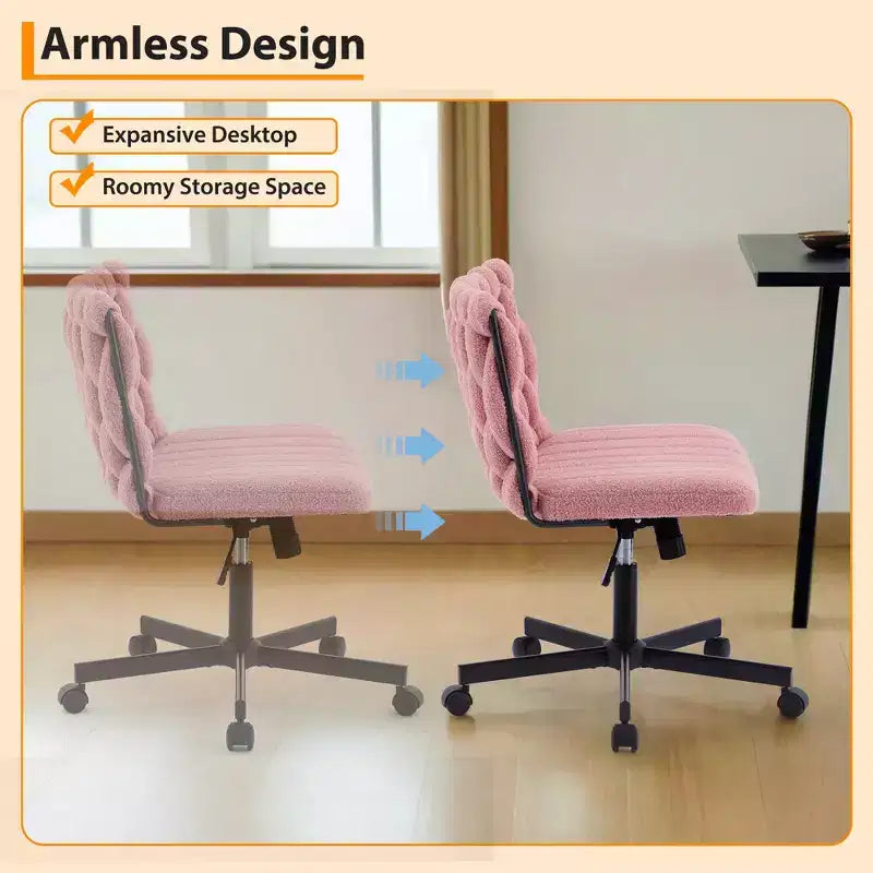 Chaise de bureau pivotante sans accoudoirs en polaire nounours et velours beige/gris/rose à croisillons, 1 personne, hauteur réglable, 136 kg