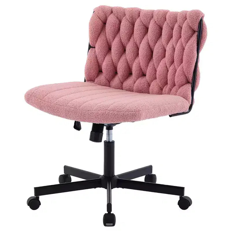 Chaise de bureau pivotante sans accoudoirs en polaire nounours et velours beige/gris/rose à croisillons, 1 personne, hauteur réglable, 136 kg
