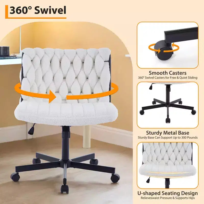 Chaise de bureau pivotante sans accoudoirs en polaire nounours et velours beige/gris/rose à croisillons, 1 personne, hauteur réglable, 136 kg