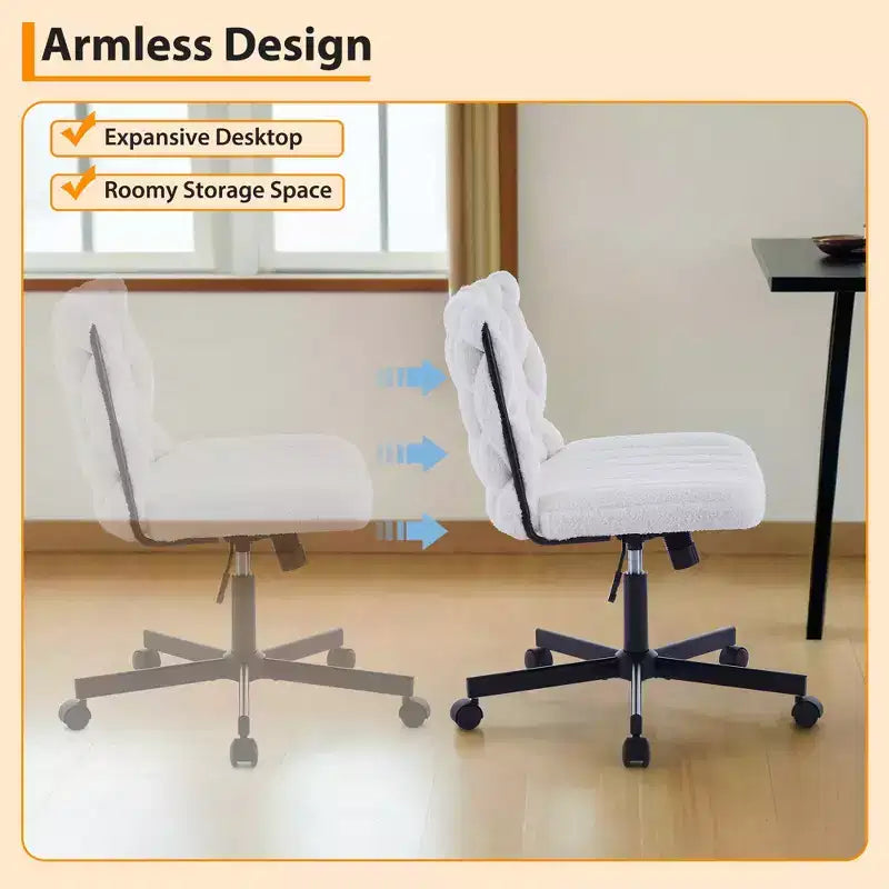 Chaise de bureau pivotante sans accoudoirs en polaire nounours et velours beige/gris/rose à croisillons, 1 personne, hauteur réglable, 136 kg