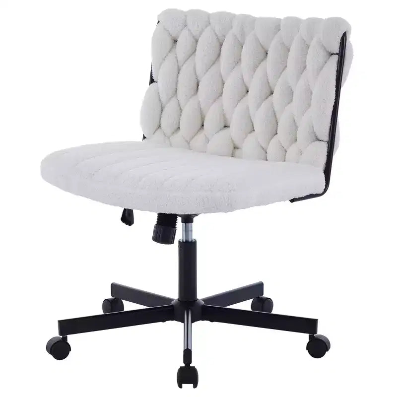 Chaise de bureau pivotante sans accoudoirs en polaire nounours et velours beige/gris/rose à croisillons, 1 personne, hauteur réglable, 136 kg