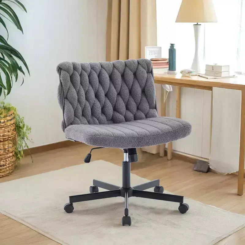 Chaise de bureau pivotante sans accoudoirs en polaire nounours et velours beige/gris/rose à croisillons, 1 personne, hauteur réglable, 136 kg