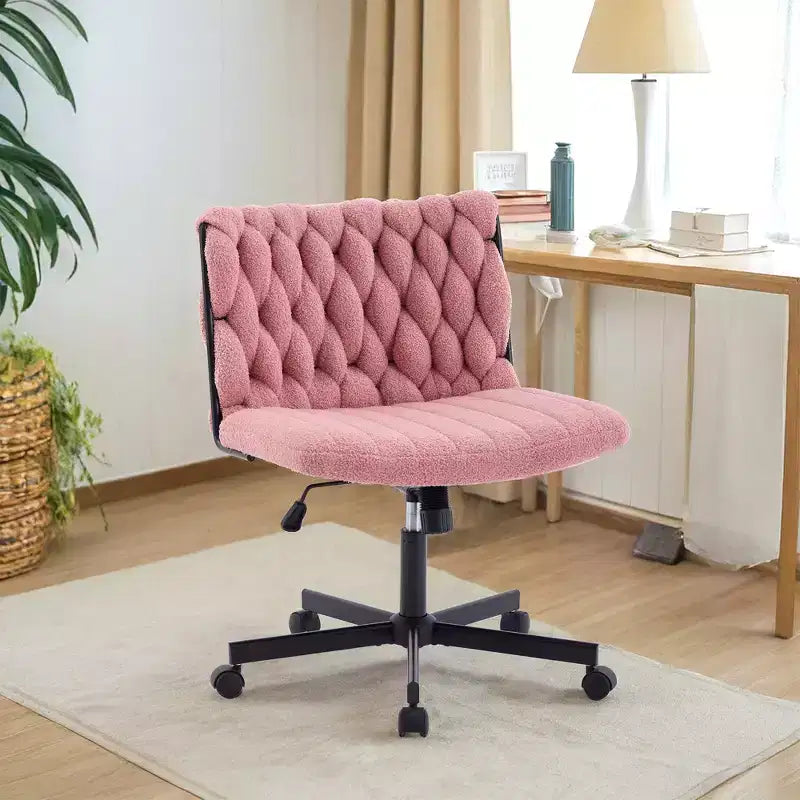 Chaise de bureau pivotante sans accoudoirs en polaire nounours et velours beige/gris/rose à croisillons, 1 personne, hauteur réglable, 136 kg