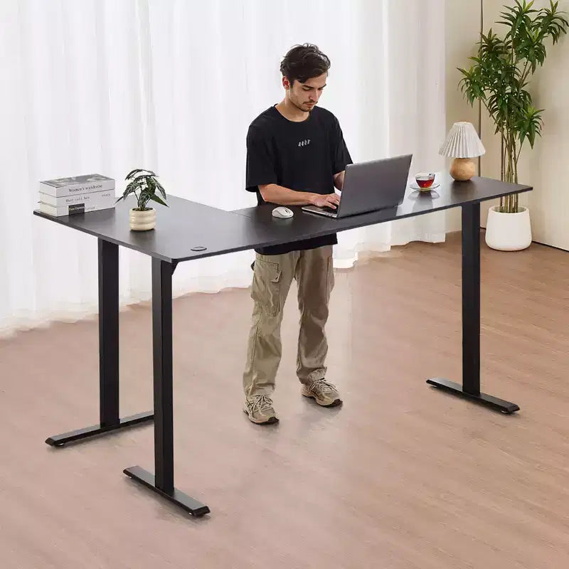Bureau debout réglable en hauteur électrique en forme de L noir, 2 personnes