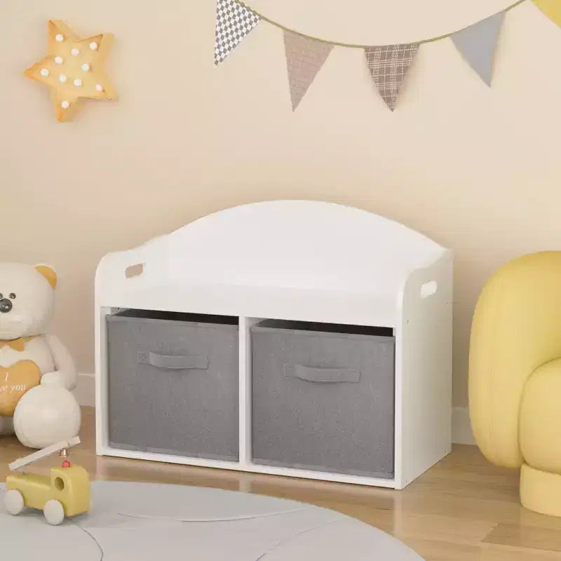 Banc coffre à jouets blanc avec 2 tiroirs en tissu, pour enfants