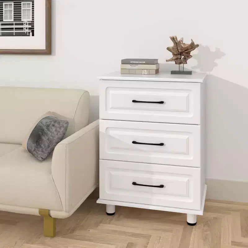Commode blanche à 3 tiroirs avec poignées en acier, montage par une personne