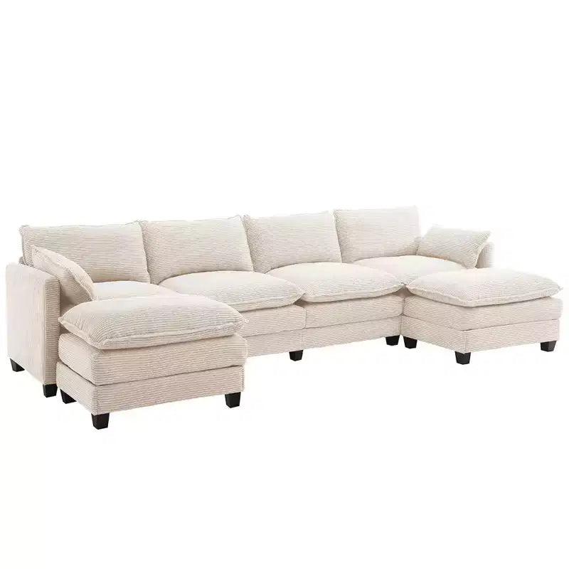 Canapé d'angle en velours côtelé en U, 4 places – Beige / Gris foncé / Vert olive / Jaune, avec 2 poufs mobiles