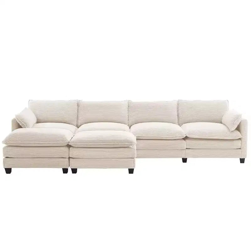 Canapé d'angle en velours côtelé en U, 4 places – Beige / Gris foncé / Vert olive / Jaune, avec 2 poufs mobiles