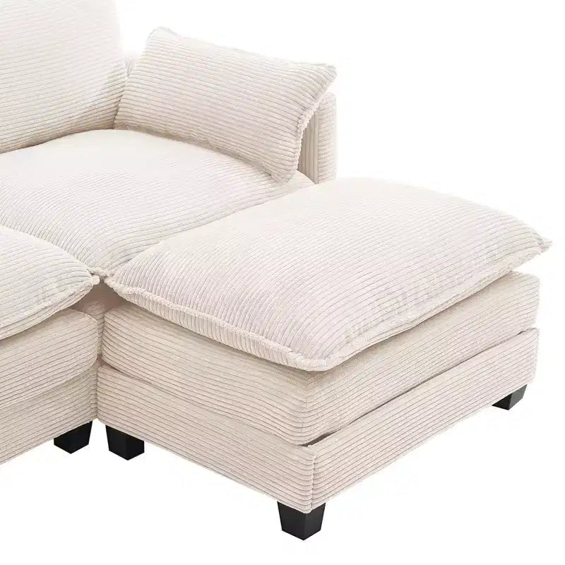 Canapé d'angle en velours côtelé en U, 4 places – Beige / Gris foncé / Vert olive / Jaune, avec 2 poufs mobiles
