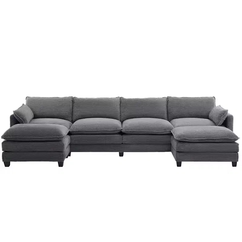 Canapé d'angle en velours côtelé en U, 4 places – Beige / Gris foncé / Vert olive / Jaune, avec 2 poufs mobiles