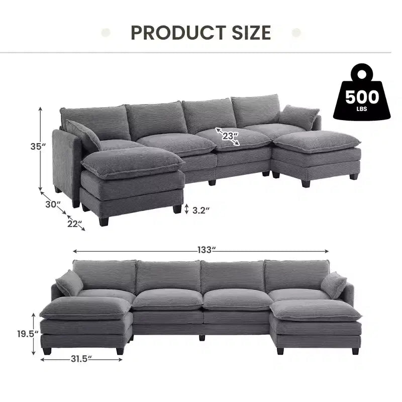 Canapé d'angle en velours côtelé en U, 4 places – Beige / Gris foncé / Vert olive / Jaune, avec 2 poufs mobiles